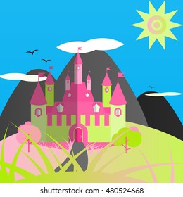 Crazy colored green and pink day castle landscape. Nice and simple illustration