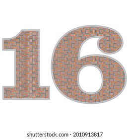 Crazy Colorful Number 16 Vector Illustration. Number Sixteen With Colorful Pattern Isolated On A White Background
