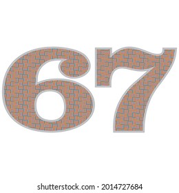 Crazy Colorful Number 67 Vektorgrafik. Nummer sechzig sieben mit buntem Muster einzeln auf weißem Hintergrund
