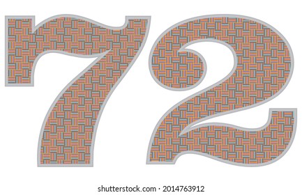 Crazy Colorful Number 72 Vektorgrafik. Nummer zweiundsiebzig mit buntem Muster einzeln auf weißem Hintergrund
