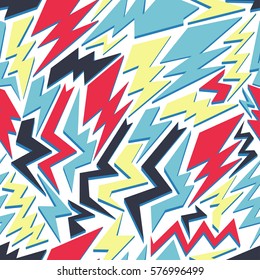 Crazy colorful thunder lightning seamless pattern on white background. Vector illustration. EPS 10.
