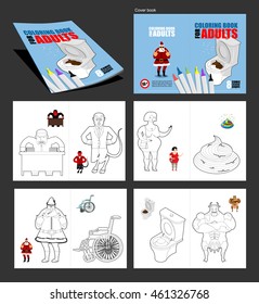 Crazy Coloring book for adults in linear style.  demon of hell. Angry boss screaming. Shit rainbow unicorn. Money in thong stripper. Steroid cow. WS and turd. BAd Santa Claus