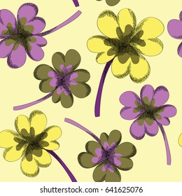 Crazy colors clover leaves seamless pattern. Vector illustration on yellow background