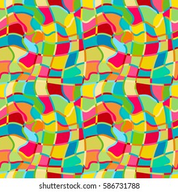 Crazy colors seamless abstract hand drawn vector pattern, background. Bright summer colours, modern wave and mosaic circles texture. Boho fashion style for prints, batik, silk textile