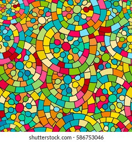 Crazy colors seamless abstract hand drawn vector pattern. Bright summer colours, modern wave and mosaic circles texture. Boho fashion style for prints, batik, silk textile