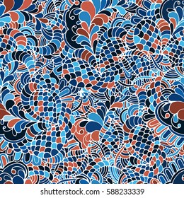 Crazy colors seamless abstract hand drawn vector pattern. Bright summer colours, modern wave and mosaic circles texture. Boho fashion style for prints, batik, silk textile