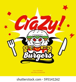 Crazy Comic Cartoon Vector Burger Illustration