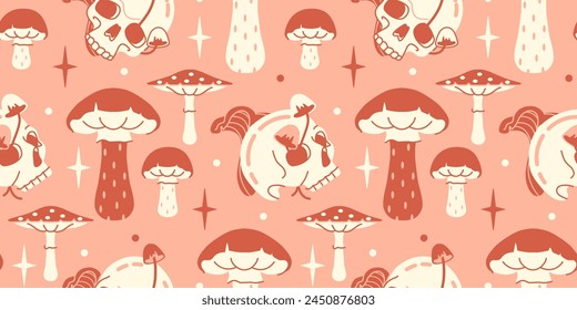 Crazy cool seamless wallpaper. Girly teen aesthetic, fun pink tone backdrop with fungi and skulls.