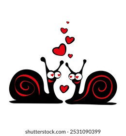 Crazy couple of cartoon snails in love with hearts. Doodle illustration for Valentine's Day for a postcard or greeting card with Valentine's Day. Black and red sticker of love