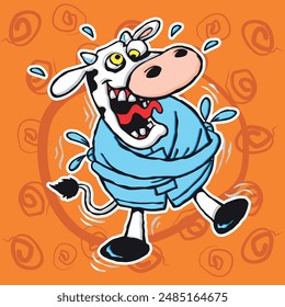 Crazy cow cartoon vector, funny cow illustration.
