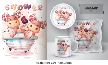 Crazy cow on the bathroom - poster and merchandising. Vector eps 10