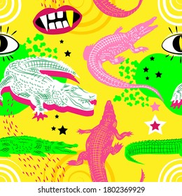 Crazy crocodiles. Bright vector pattern.