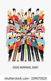 Crazy crowd poster on white background. Flat design