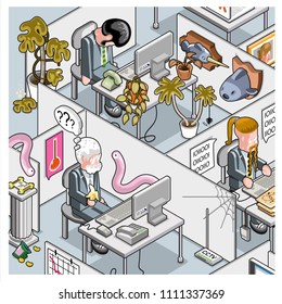 Crazy cube farm office with businessman sleeping in mummified plants, senior employee being attacked by aliens and bored programmer (vector cartoon in isometric view)