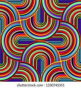 Crazy curves - tangled geometric pattern with bright neon rainbow iridescent colors. Multicolor curvy lines. Abstract geo geometric technology background.