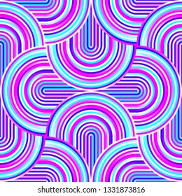 Crazy curves - tangled geometric pattern with bright neon pink, blue, white colors. Multicolor curvy lines. Abstract geo geometric technology background.