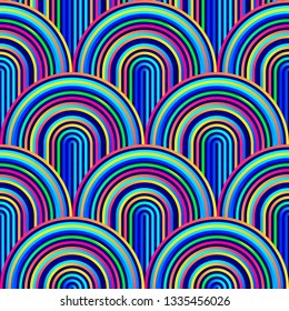 Crazy curves - tangled geometric pattern with bright neon rainbow iridescent colors. Multicolor curvy lines. Abstract geo geometric technology background.