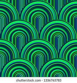 Crazy curves - tangled geometric pattern with acid poisonous green colors. Multicolor curvy lines. Abstract geo geometric technology background.