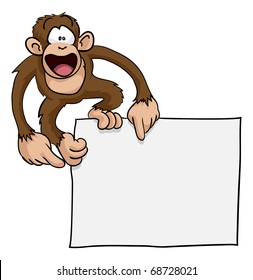 A crazy cute excited monkey pointing at a blank sign with copy-space illustration