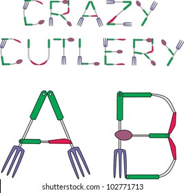 Crazy Cutlery alphabet with knife fork and spoon bent into the shapes of letters