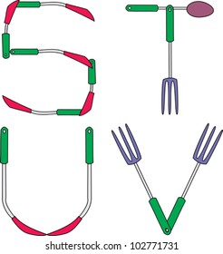 Crazy Cutlery alphabet with knife fork and spoon bent into the shapes of letters