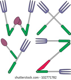 Crazy Cutlery alphabet with knife fork and spoon bent into the shapes of letters