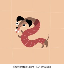 Crazy dachshund in a red sweater with a bone. Funny dogs vector illustration.