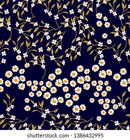 Crazy daisies print. Seamless vector pattern with small flowers on black background. Retro textile collection.