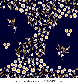 Crazy daisies print. Seamless vector pattern with waves of small flowers on black background. Retro textile collection.