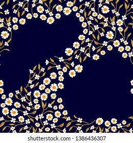 Crazy daisies print. Seamless vector pattern with small flowers on dark background. Retro textile collection.
