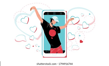 Crazy Dance Dancing Man On Phone Screen Vector. Crazy Dance Performing Young Dancer Boy On Smartphone Display. Character And Electronic Gadget Device Active Lifestyle Flat Cartoon Illustration