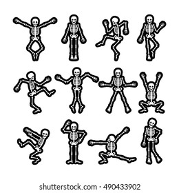 Crazy dancing skeletons stickers black and white vector set