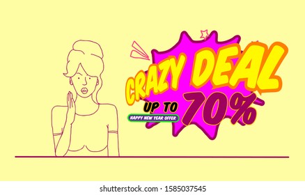 Crazy deal, Happy new year offer sale Up to 70%, template background or banner, vector illustration in eps10