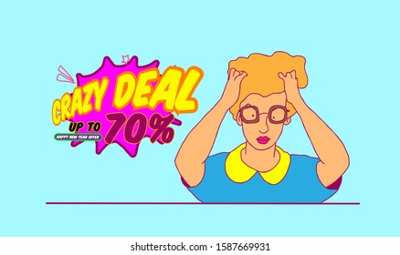 Crazy deal, Happy new year offer sale Up to 70%, template background or banner, vector illustration in eps10