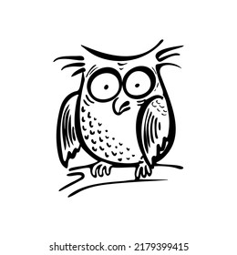 Crazy decorative owl with big eyes in black and white doodle style