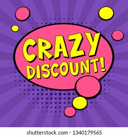 Crazy Discount! Pink Comic speech bubbles. Pop art vector label illustration. Vintage comics book poster on purple background. Colored funny font. 