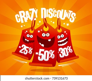 Crazy discounts banner with madness smiling price tags -25%, -50%, -30%