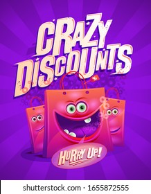 Crazy discounts sale banner with funny shopping bags, evening colors