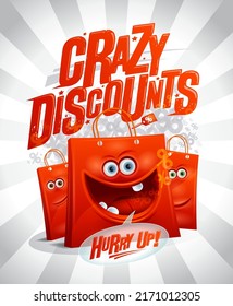 Crazy discounts sale poster or web banner vector design with funny shopping bags as a cartoon personages