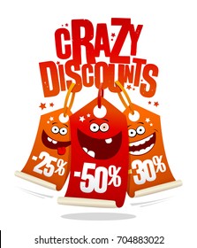 Crazy discounts sale vector banner, joyful smiling price tags -25%, -50%, -30%