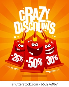 Crazy discounts vector poster concept with madness smiling price tags -25%,-50%,-30%