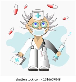 crazy doctor mith a medicine in vector grapchic illustration