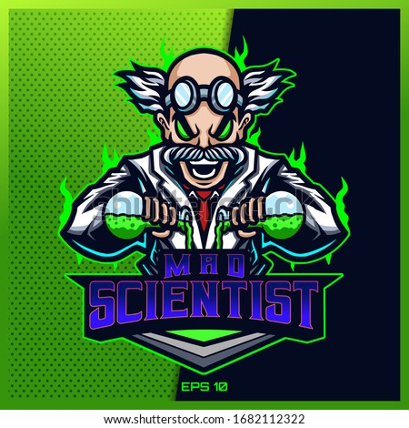 Crazy Doctor Scientist esport and sport mascot logo design in modern illustration concept for team badge, emblem and thirst printing. Mad illustration on Light Green Background. Vector illustration