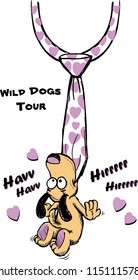 Crazy dog bites a tie with purple hearts.