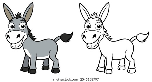 Desenhos Animados Loucos De Burro Colorir Páginas Para Crianças. Livro de colorir burro imprimível. Ilustração De Vetor De Burro Com Contorno Preto. Animais fáceis de colorir