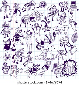 Crazy doodle animals. School notebook. Vector illustration.