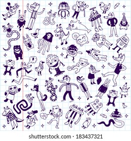 Crazy doodle animals school notebook mega set. Vector illustration.