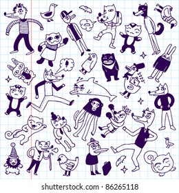 Crazy doodle animals school notebook. Vector illustration.
