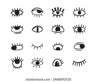 Crazy doodle black eyes. Open eye creative set. Abstract hand drawn fun collection. . Vector illustration