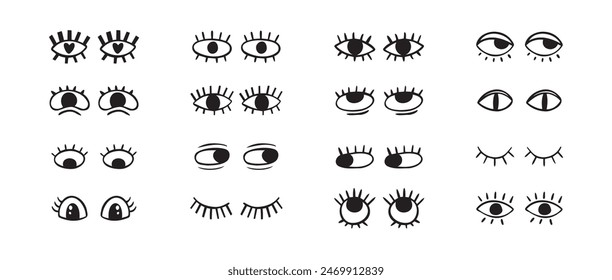 Crazy doodle black eyes. Open eye creative set. Abstract hand drawn fun collection. . Vector illustration